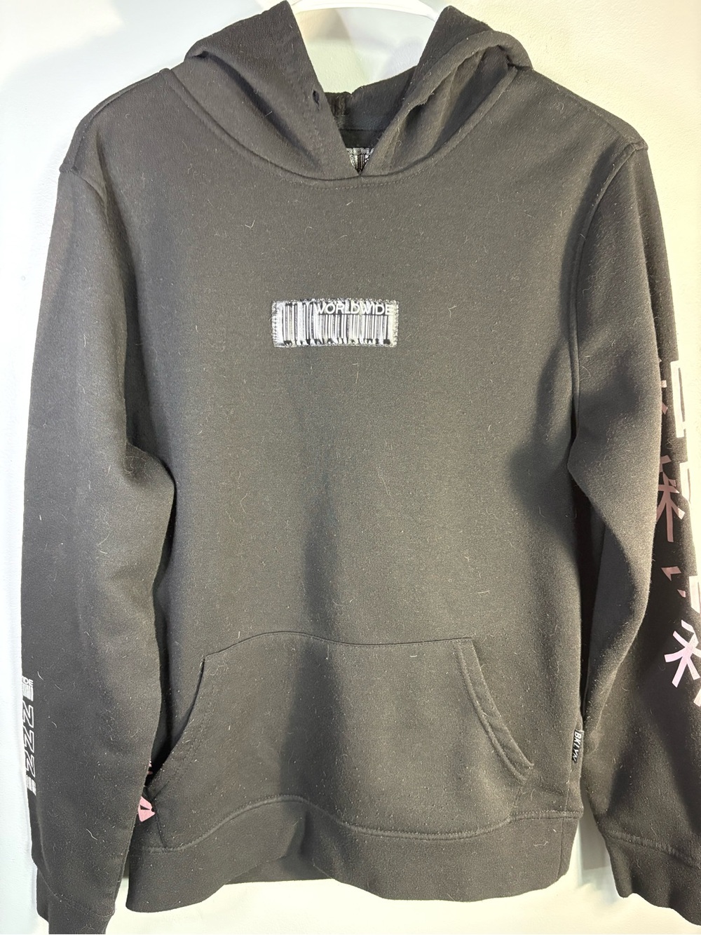 Brooklyn Cloth Black Pullover Hoodie with Pink Sleeve Graphics